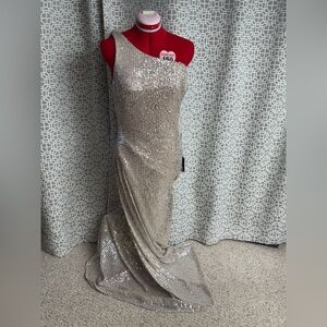 NWT Elegant champagne Sequin one shoulder full Length dress